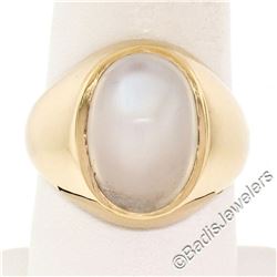 Men's Large Polished 14kt Yellow Gold Oval Cabochon Blue Moonstone Solitaire Rin