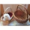 Image 1 : PAIR WICKER HANDLED BASKETS, WHITE PLUSH KITTEN
