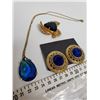 Image 2 : 766.  Gold tone earrings, broach, and necklace with blue stones