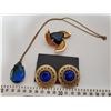 Image 3 : 766.  Gold tone earrings, broach, and necklace with blue stones
