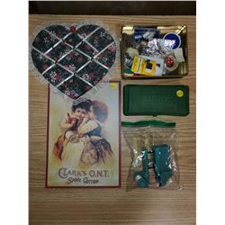 Old sewing collection and Bakelite button holder