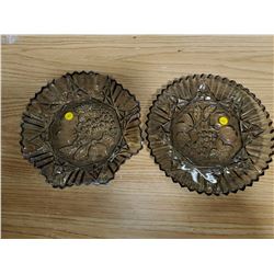 2 blue/bronze aurora depression glass - 11" wide