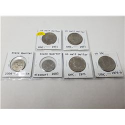 4 American 50 cent pieces, 3 X 1971, 1976-D, 2 American quarters 2003, 2004 wis