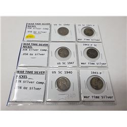 6 American 5 cents, 1940 X2, 1943P X2, 1945P, 1947