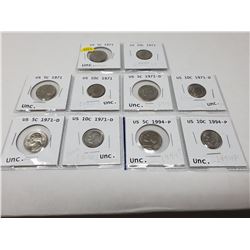 5 American 5 cent & 5 American 10 cent (4 X 1971D, 4 X 1971, 2 X 1994P)