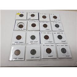 16 American 1 cent various dates including 5 steel pennies (wheat pennies)