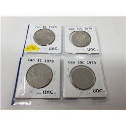 2 Canadian nickle dollars and 2 50 cent pieces, 1979