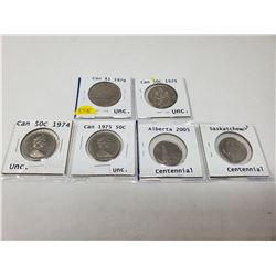 1 Canadian nickle dollar, 30 50 cent pieces (1979, 1974, 1975) 2 X 2005 25 cents Al. SK.