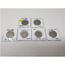 6 Canadian 50 cent pieces, 1971, 1974 X2, 1979 X3