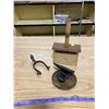 Image 1 : WOODEN BUTTER PRESS + PAIL AND ANVIL FIGERINE + DECRATIVE SPURS