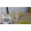 Image 4 : (2) CORN FLOWER CREAMERS & YELLOW FLORAL ETCHED GLASSWARE