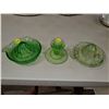 Image 1 : (3) GREEN GLASS ITEMS (2 JUICERS, 1 CANDLE STICK) JUICERS CHIPPED
