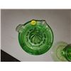 Image 2 : (3) GREEN GLASS ITEMS (2 JUICERS, 1 CANDLE STICK) JUICERS CHIPPED