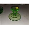 Image 3 : (3) GREEN GLASS ITEMS (2 JUICERS, 1 CANDLE STICK) JUICERS CHIPPED
