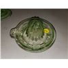 Image 4 : (3) GREEN GLASS ITEMS (2 JUICERS, 1 CANDLE STICK) JUICERS CHIPPED
