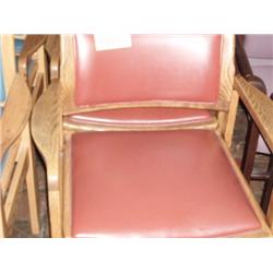 5 RED VINYL WOOD ARM CHAIRS