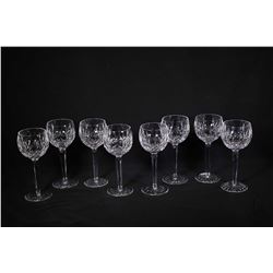 Eight Waterford Lismore crystal tall stem hock wine glasses