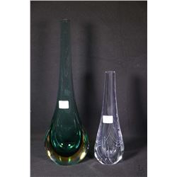 Two art glass vases including a 14 1/2" green glass and a 9 1/2" vase