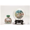 Image 1 : Two pieces of Chinese reverse painted glass including 5" glass ball on wooden plinth and a 2 3/4" sn