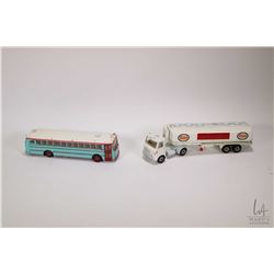 Dinky Esso Tanker and a Dinky Super Toys bus, note retouched paint