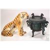 Image 1 : A cast metal three footed Jia pot and an Italian made 12" glazed pottery tiger figure