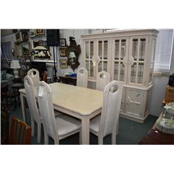 Semi contemporary dining suite with washed finish including dining table, six chairs and a large ill