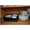 Image 2 : Shelf lot of collectibles including boxed tea caddy with spoon, lidded double handled steamed soup p