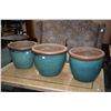 Image 1 : Set of three matching glazed pottery planters, 13" in height. Note: No Shipping. Local Pickup Only