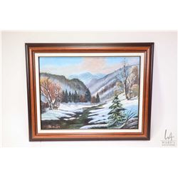 Two framed original oil on board paintings including a winter mountains and a fall lake scene, both 