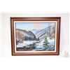 Image 1 : Two framed original oil on board paintings including a winter mountains and a fall lake scene, both 