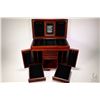 Image 2 : Wooden dresser top jewellery box with flip mirrored lid, two hinged door neck chain sections with re