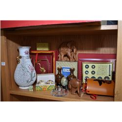 Shelf lot of mostly Asian collectibles including cork diorama, clay figure, antique coin display, cl