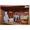 Image 1 : Shelf lot of mostly Asian collectibles including cork diorama, clay figure, antique coin display, cl