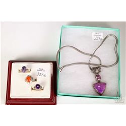 A 20" Italian made sterling silver necklace and gemstone set pendant plus three stamped sterling sil