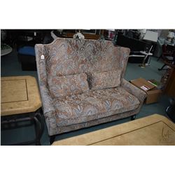 Modern vintage style settee with matching cushions with taupe background and blue and cream highligh