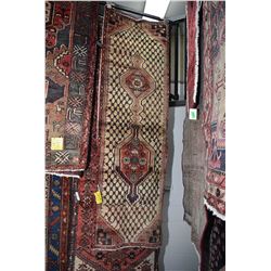 100% Iranian wool carpet runner with unusual double medallion, soft taupe background, geometric cris