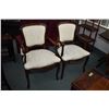 Image 1 : Pair of modern Queen Anne style open arm parlour chairs with Damask upholstery