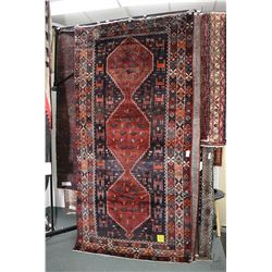 100% Iranian Saveh wool area carpet with triple medallion, stylized animals, navy background and hig