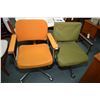 Image 1 : Two mid century open arm swivel office chairs, one with green upholstery and one in orange