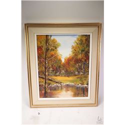 Framed acrylic on board painting titled on verso "Lake Autumn 1979" and signed by artist Dr. M. ( Ma