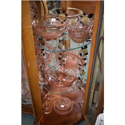 Large selection of pink depression glass including water jug and six glasses, large double handled b