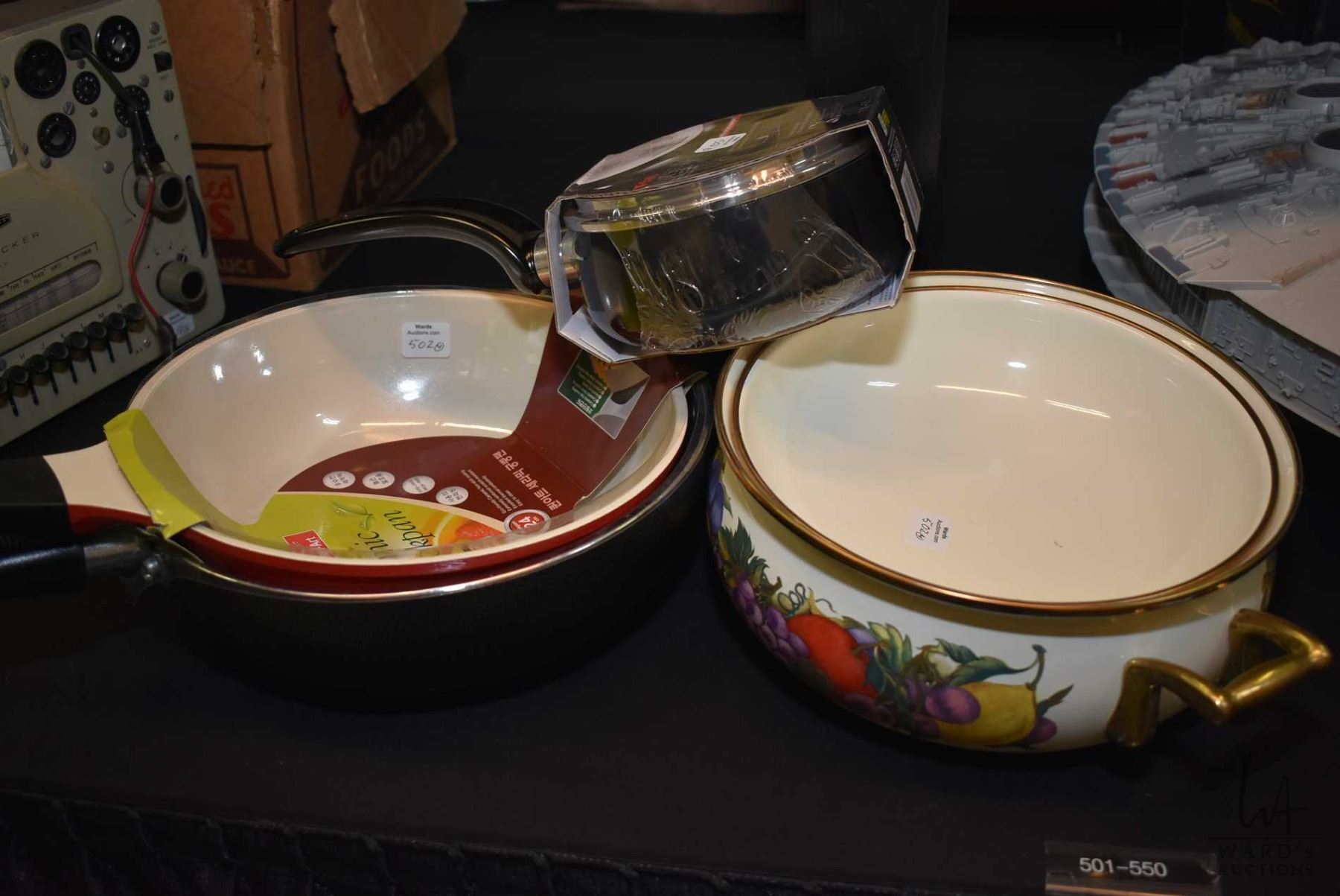 Cornucopia Cookware Two new Wok frying pan, a Cornucopia enamel Dutch oven with brass ...