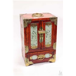 Vintage Oriental rosewood jewel box fitted with jade paneled doors and jade inlays, brass corners, p