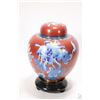 Image 1 : Oriental Cloisonne lidded ginger jar with cinnabar coloured background blue flowers, 9 1/2" in heigh