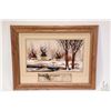 Image 1 : Framed oil on board painting titled on verso Winter Camp with inset spear, signed by artist Roger Fl