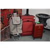 Image 1 : Selection of luggage including hard Samsonite case, soft rolling suitcase and a cart with wheels. No