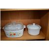Image 2 : Shelf lot of oven to table ware including two large lidded casserole dishes, a small lidded casserol