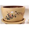 Image 2 : Matched pair of handpainted clay planters with under trays, both 12 1/2" in diameter