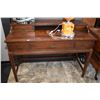 Image 1 : Small semi contemporary match grain five drawer desk. Note center drawer has dropped front for keybo