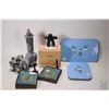 Image 1 : Tray lot of collectibles including a 4" jade Inukshuk figure in fitted wooden box, two Canadian made